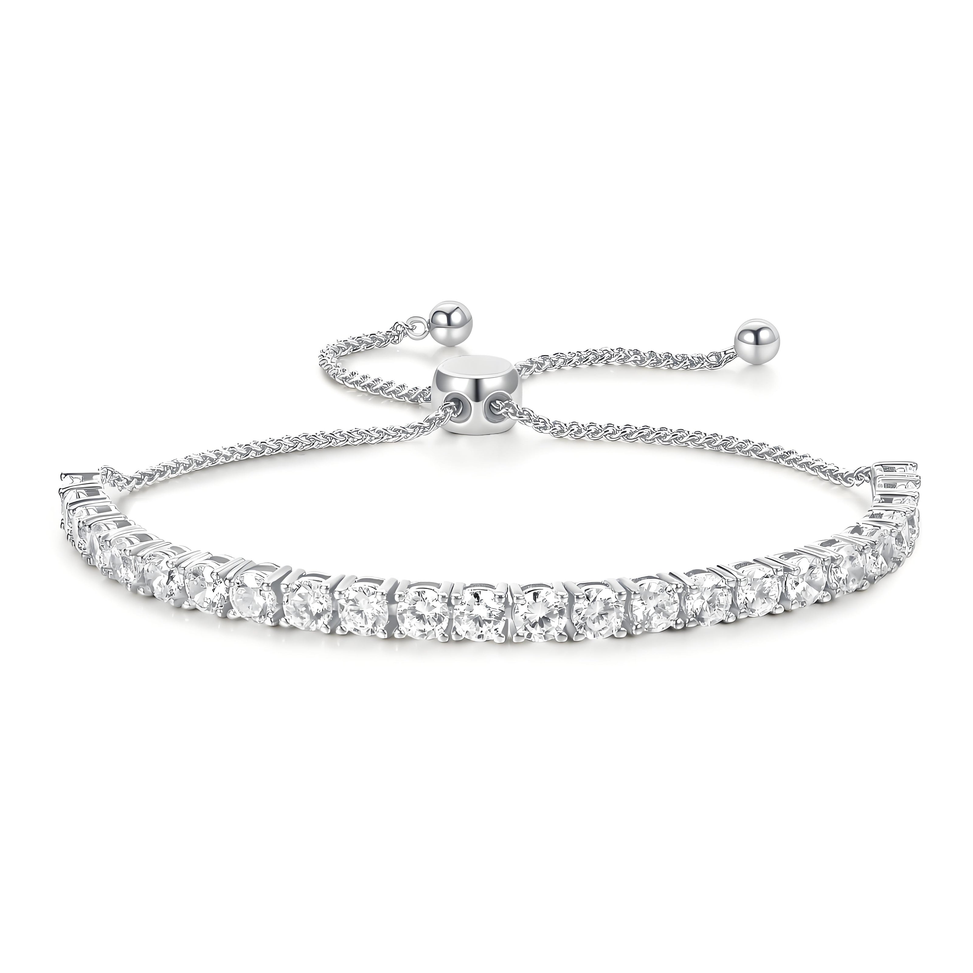 Adjustable Silver Tennis Bolo Bracelet in Wheat Chain with Tube Slider (5.5''~7.5'')