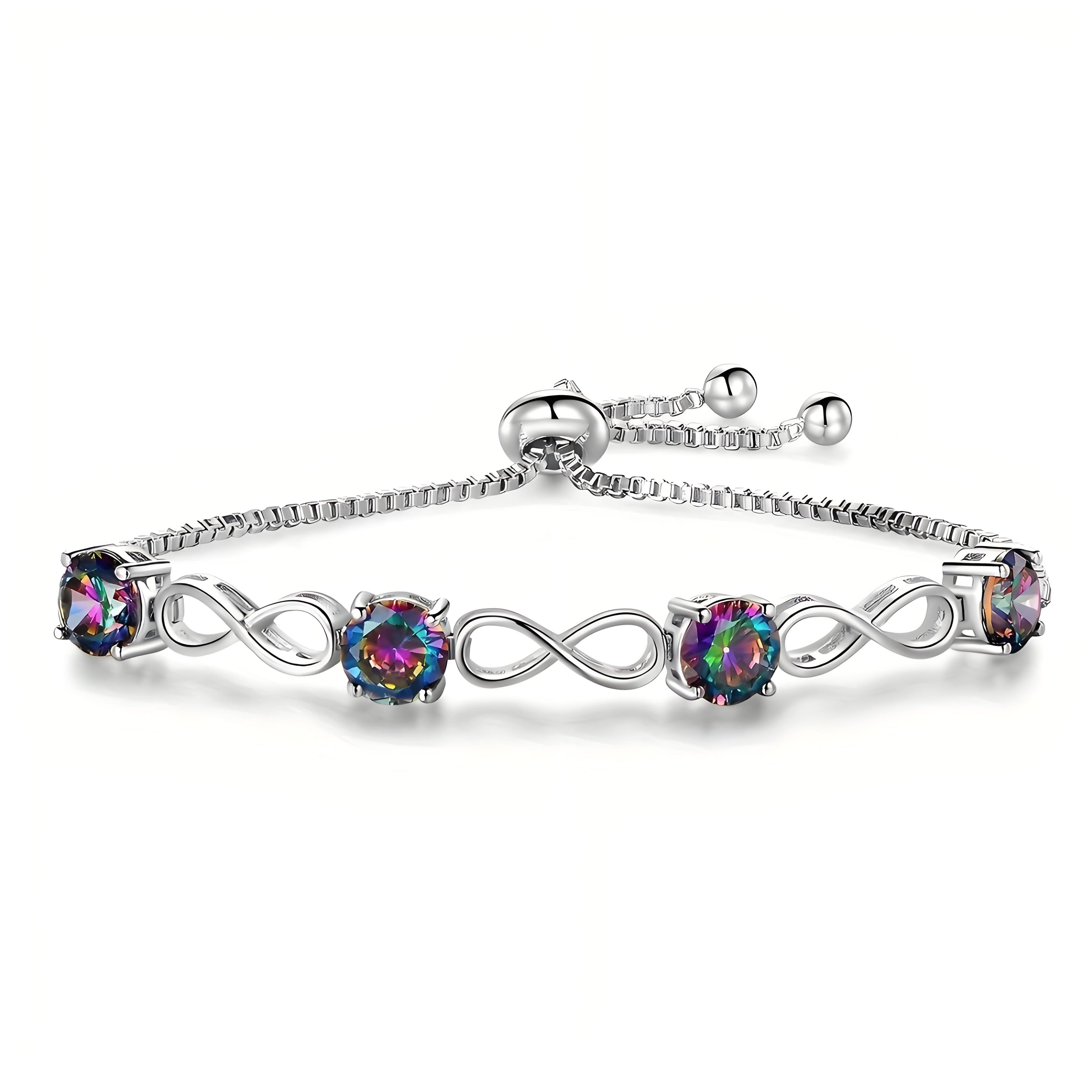 Adjustable Tennis Infinity Link 7mm Silver Bolo Bracelet in Round Mystic Topaz Accents of Box Chain with Ball Slider (5.5''~7.5'')