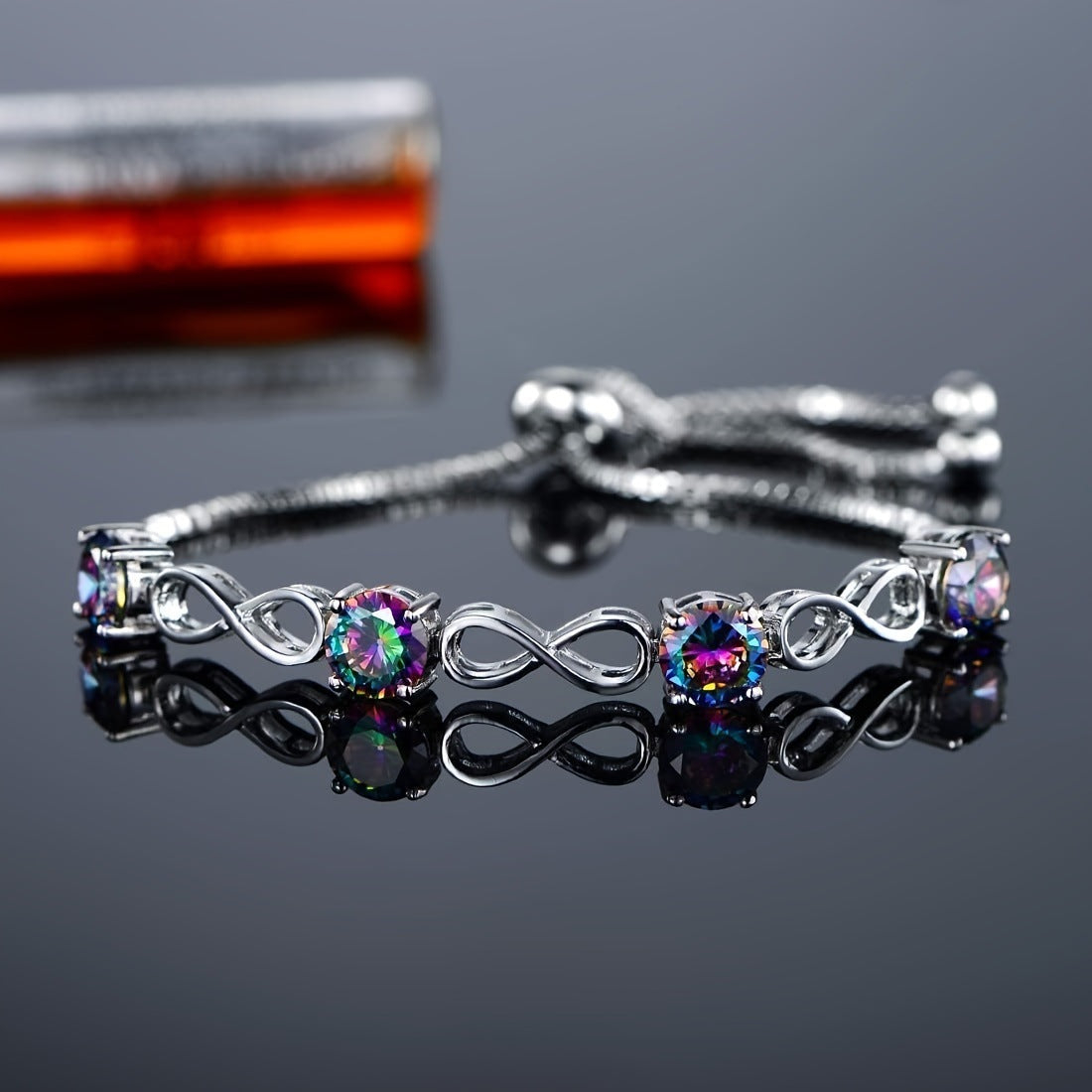 Adjustable Tennis Infinity Link 7mm Silver Bolo Bracelet in Round Mystic Topaz Accents of Box Chain with Ball Slider (5.5''~7.5'')