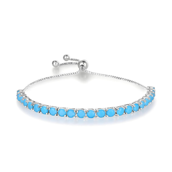 4mm Adjustable Turquoise Silver Tennis Bead Bolo Bracelet in Box Chain with Ball Slider (5.5''~7.5'')