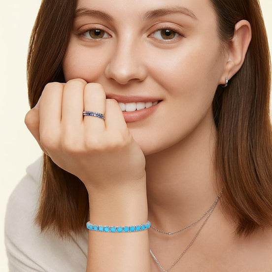 4mm Adjustable Turquoise Silver Tennis Bead Bolo Bracelet in Box Chain with Ball Slider (5.5''~7.5'')