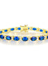 Alternating Oval Blue Sapphire and Twin White 5mm Golden Tennis Bracelet in Prong Setting with Box Clasp Safety Latches