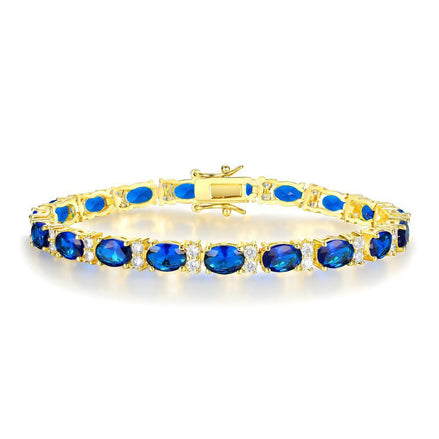 Alternating Oval Blue Sapphire and Twin White 5mm Golden Tennis Bracelet in Prong Setting with Box Clasp Safety Latches