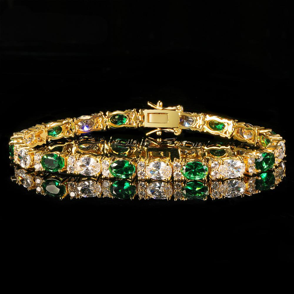 Alternating Oval Emerald White and Twin Accents 5mm Golden Tennis Bracelet in Prong Setting with Box Clasp Safety Latches