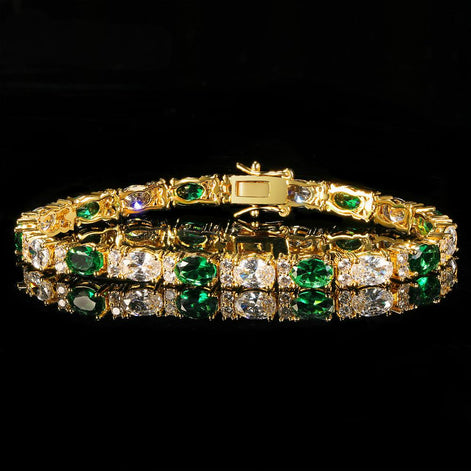 Alternating Oval Emerald White and Twin Accents 5mm Golden Tennis Bracelet in Prong Setting with Box Clasp Safety Latches