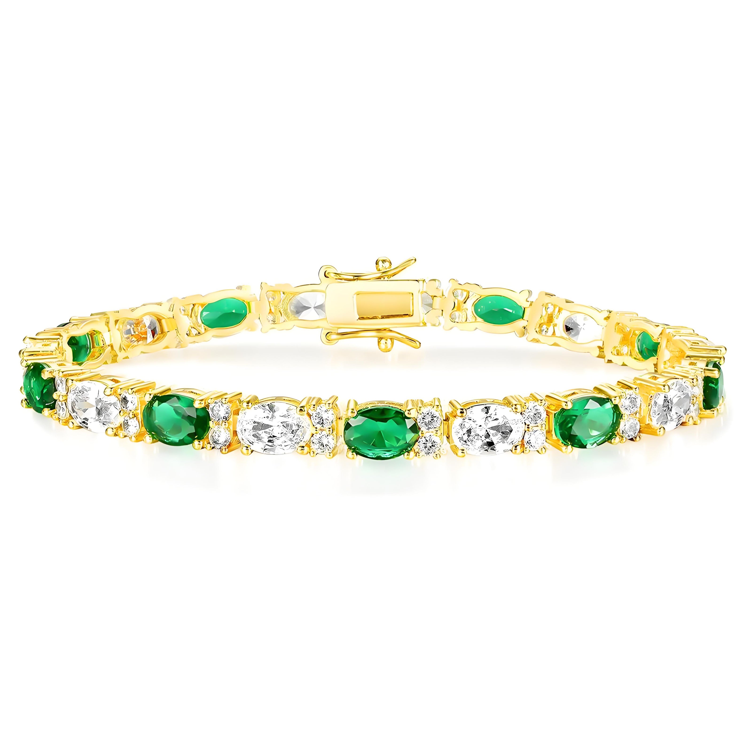 Alternating Oval Emerald White and Twin Accents 5mm Golden Tennis Bracelet in Prong Setting with Box Clasp Safety Latches