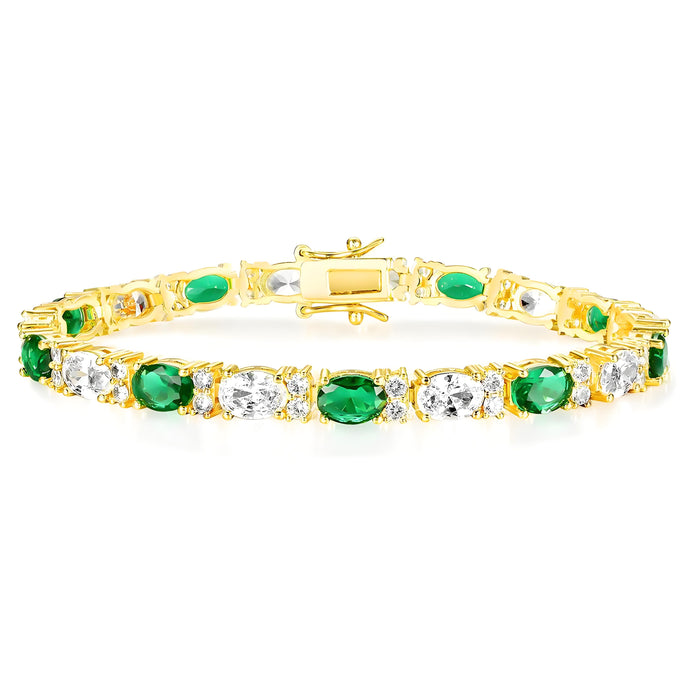 Alternating Oval Emerald White and Twin Accents 5mm Golden Tennis Bracelet in Prong Setting with Box Clasp Safety Latches