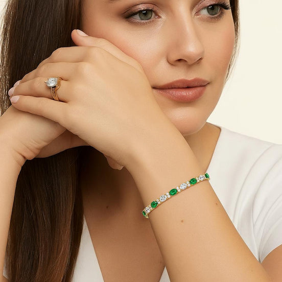 Alternating Oval Emerald White and Twin Accents 5mm Golden Tennis Bracelet in Prong Setting with Box Clasp Safety Latches