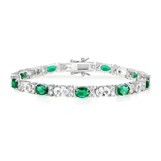 Alternating Oval White Emerald and Twin Accents 5mm Silver Tennis Bracelet in Prong Setting with Box Clasp Safety Latches