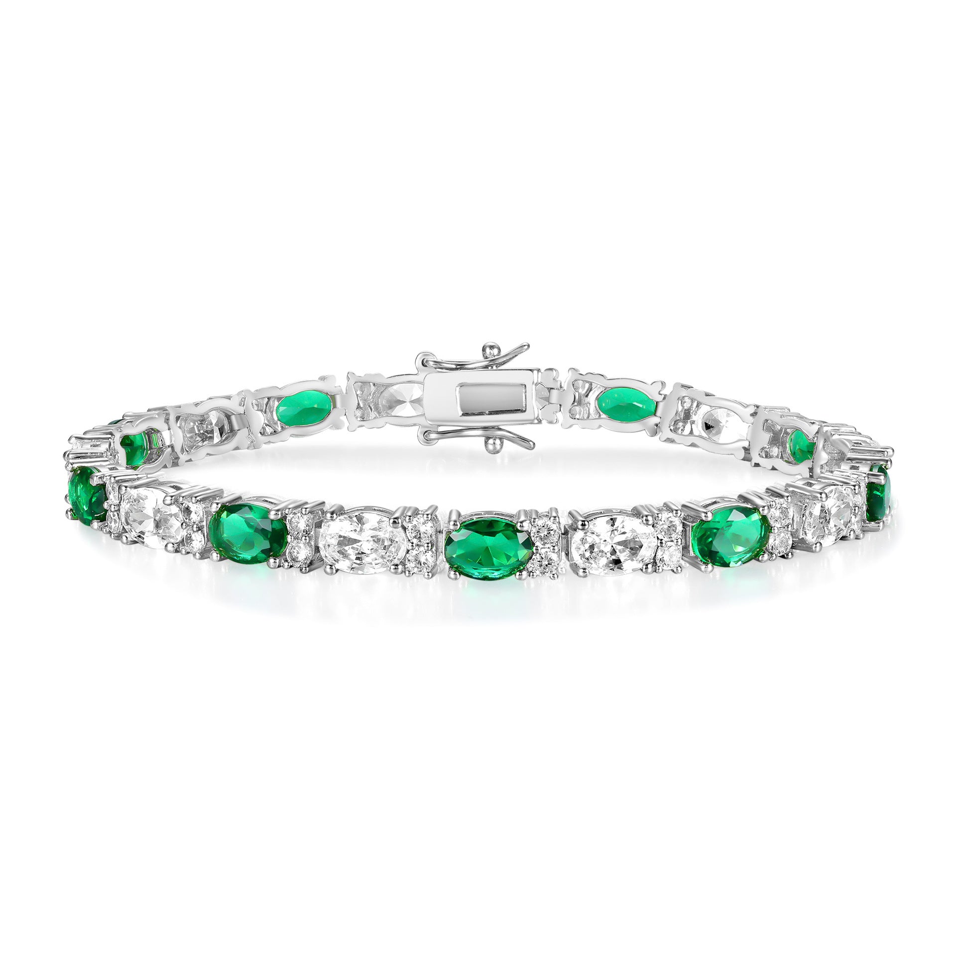 Alternating Oval White Emerald and Twin Accents 5mm Silver Tennis Bracelet in Prong Setting with Box Clasp Safety Latches