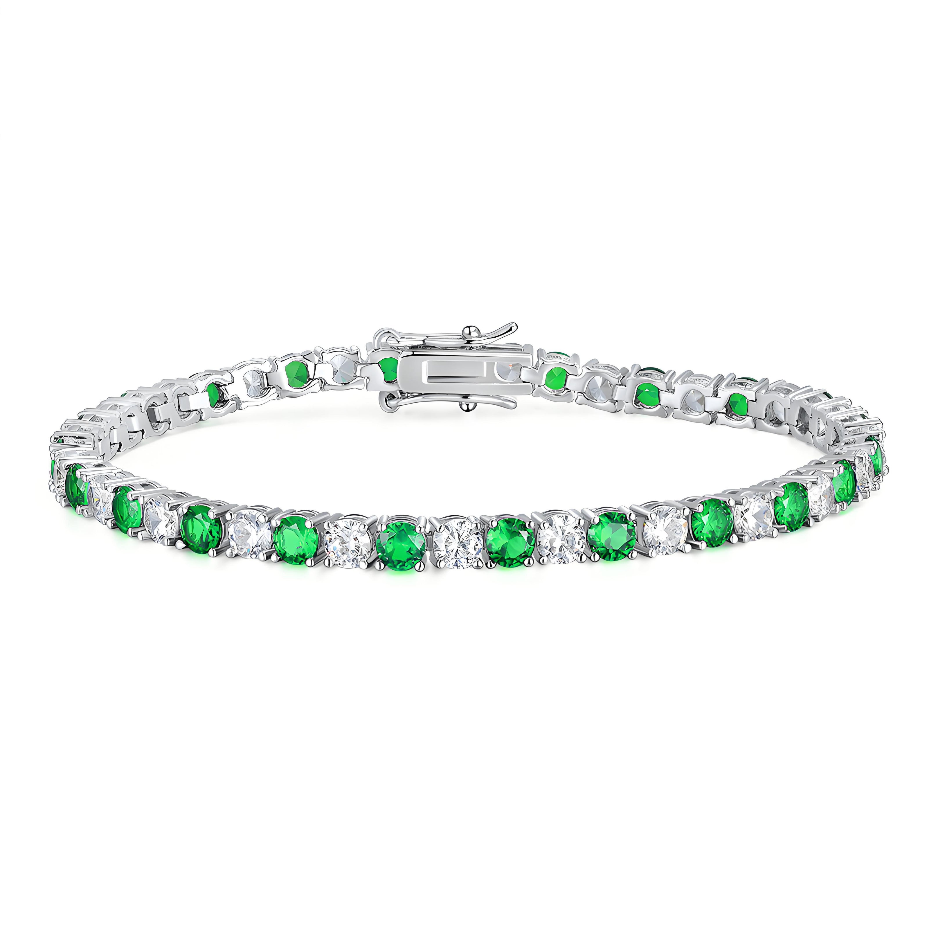 Alternating Round Emerald and Brilliant 4mm Silver Tennis Bracelet with Box Clasp Safety Latches