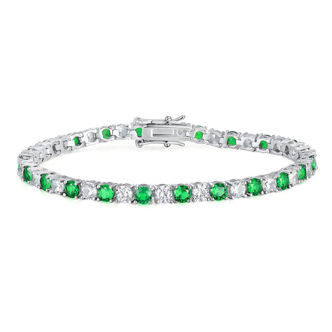 Alternating Round Emerald and Brilliant 4mm Silver Tennis Bracelet with Box Clasp Safety Latches