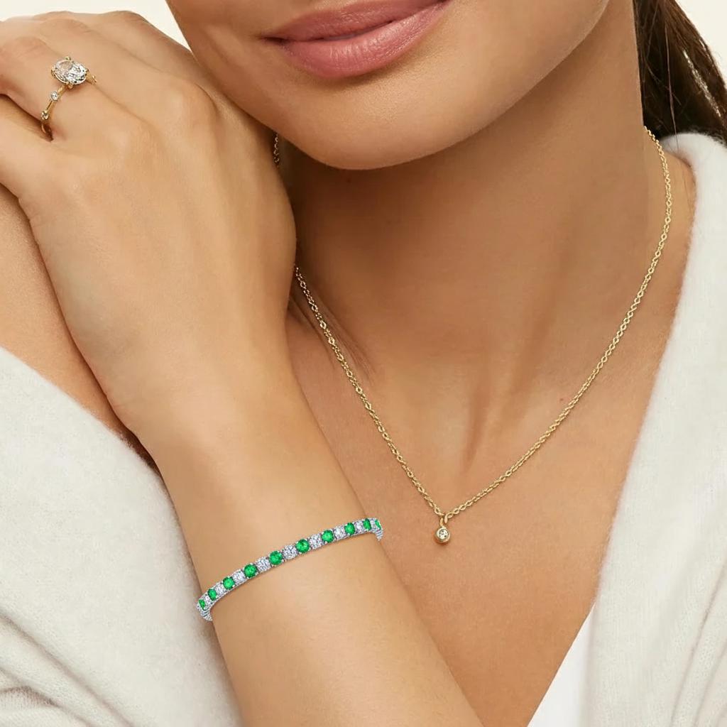 Alternating Round Emerald and Brilliant 4mm Silver Tennis Bracelet with Box Clasp Safety Latches