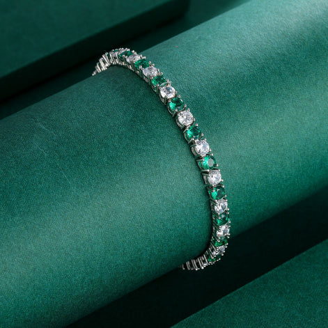 Alternating Round Emerald and Brilliant 4mm Silver Tennis Bracelet with Box Clasp Safety Latches