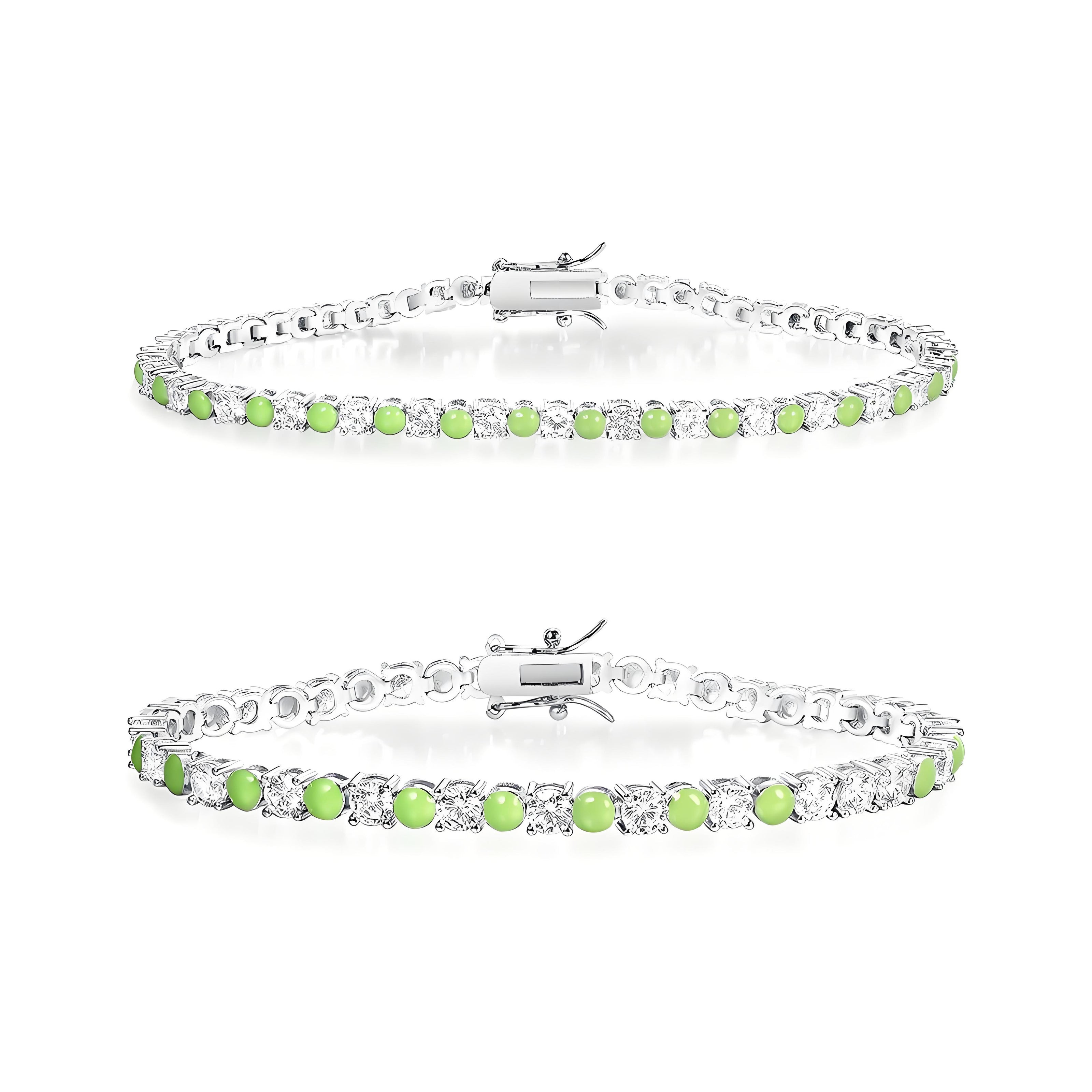 Alternating White Brilliant and Turquoise Chartreuse Silver Tennis Bracelet with Box Clasp Safety Latches (7.5'')