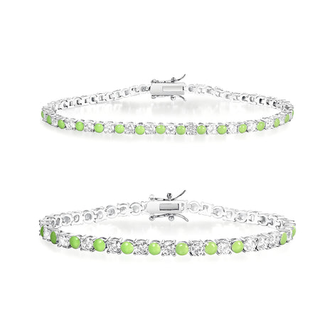 Alternating White Brilliant and Turquoise Chartreuse Silver Tennis Bracelet with Box Clasp Safety Latches (7.5'')