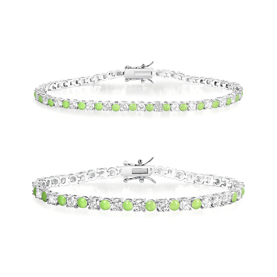Alternating White Brilliant and Turquoise Chartreuse Silver Tennis Bracelet with Box Clasp Safety Latches (7.5'')