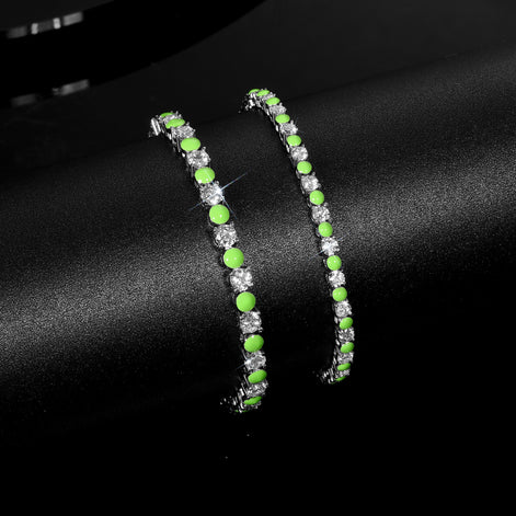 Alternating White Brilliant and Turquoise Chartreuse Silver Tennis Bracelet with Box Clasp Safety Latches (7.5'')