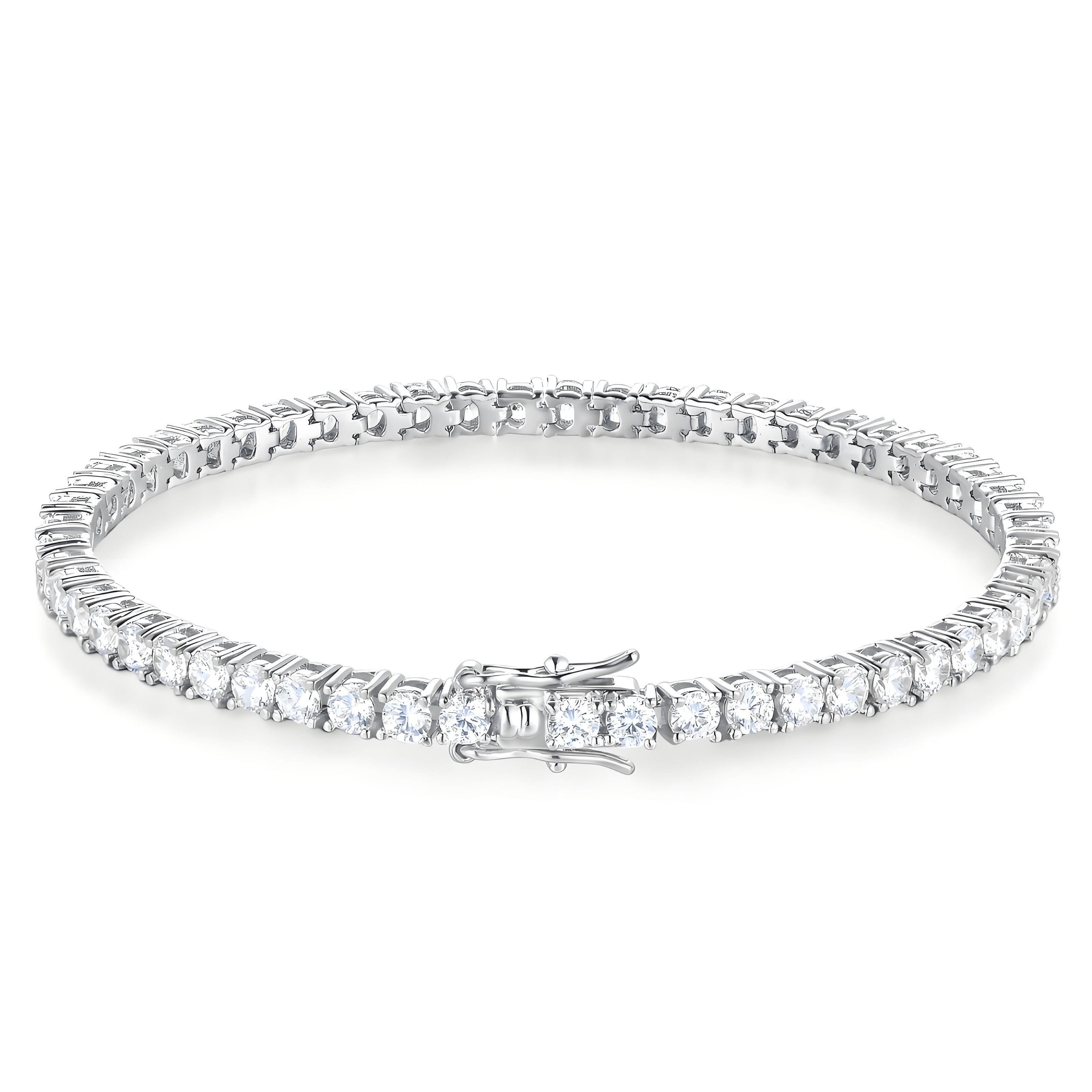 Classic Round Brilliant 3mm Silver Tennis Bracelet with Box Clasp Safety Latches