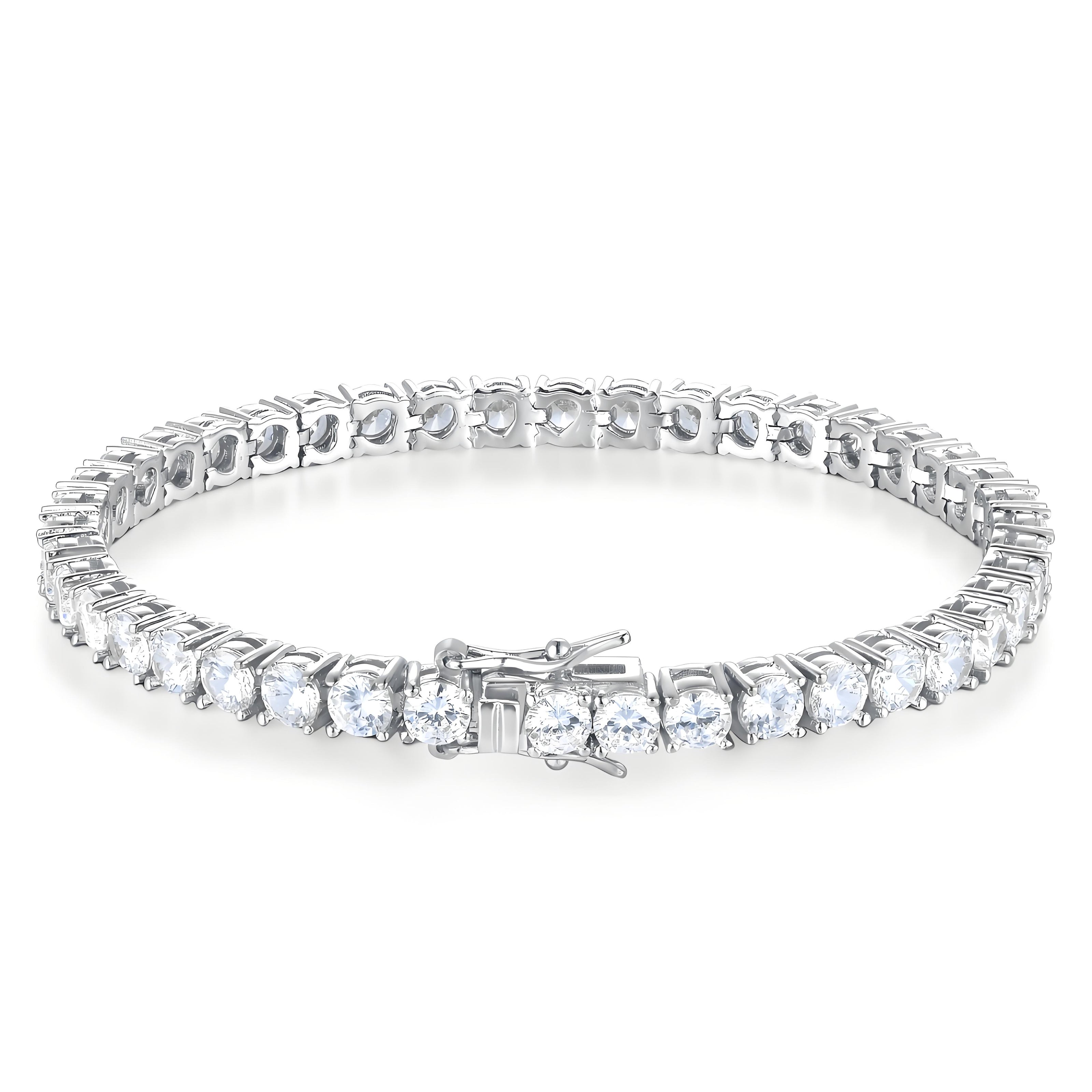 Classic Round Brilliant 4mm Silver Tennis Bracelet with Box Clasp Safety Latches