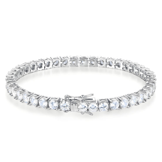 Classic Round Brilliant 4mm Silver Tennis Bracelet with Box Clasp Safety Latches