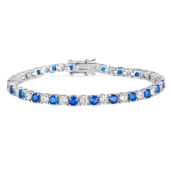 Dual Tone 4mm Tennis Bracelet in Alternating Blue Sapphire and White Brilliant with Box Clasp Safety Latches