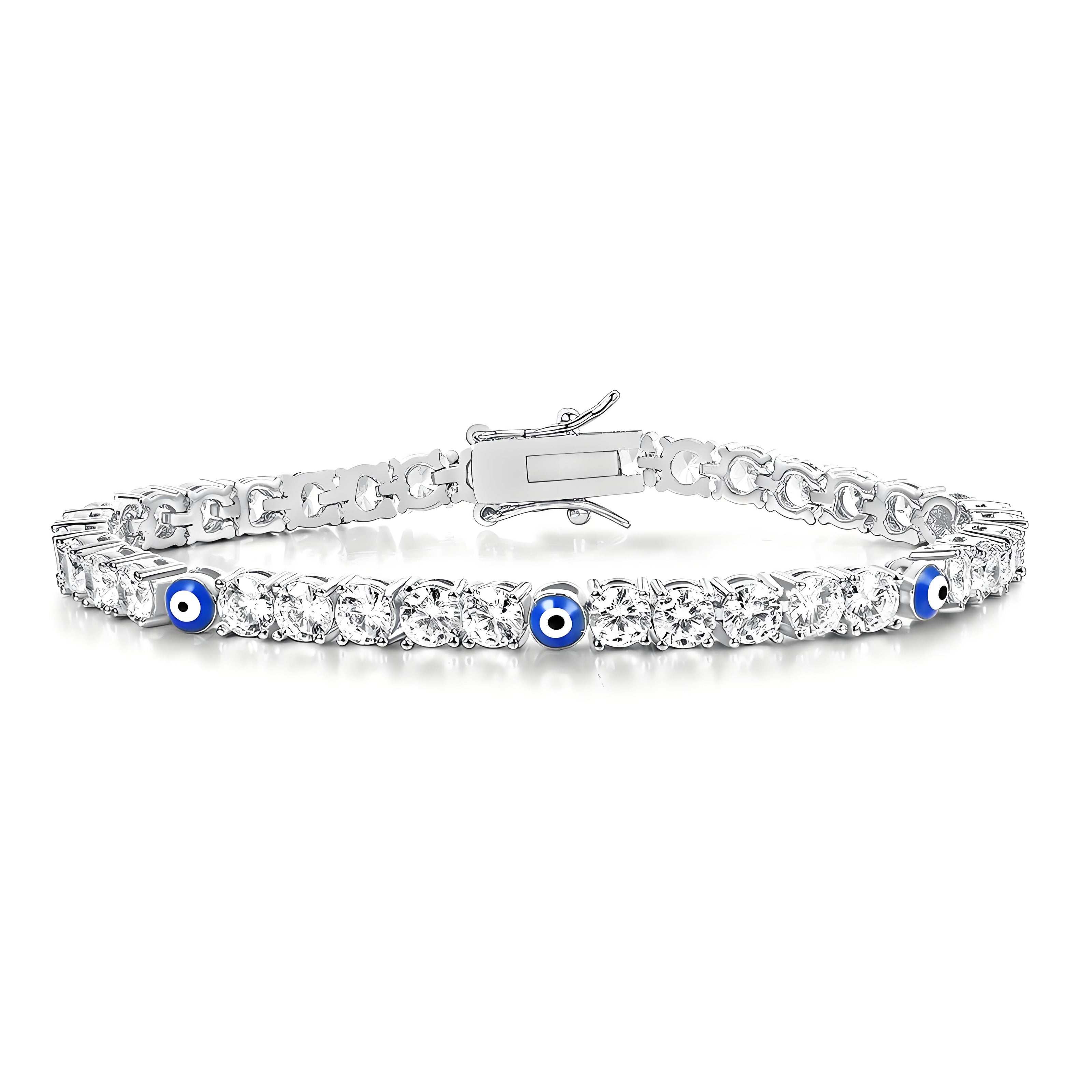 Evil Eye Silver Tennis Bracelet in Three Round Beads and Brilliant Cuts with Box Clasp Safety Latches