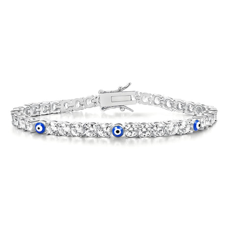 Evil Eye Silver Tennis Bracelet in Three Round Beads and Brilliant Cuts with Box Clasp Safety Latches