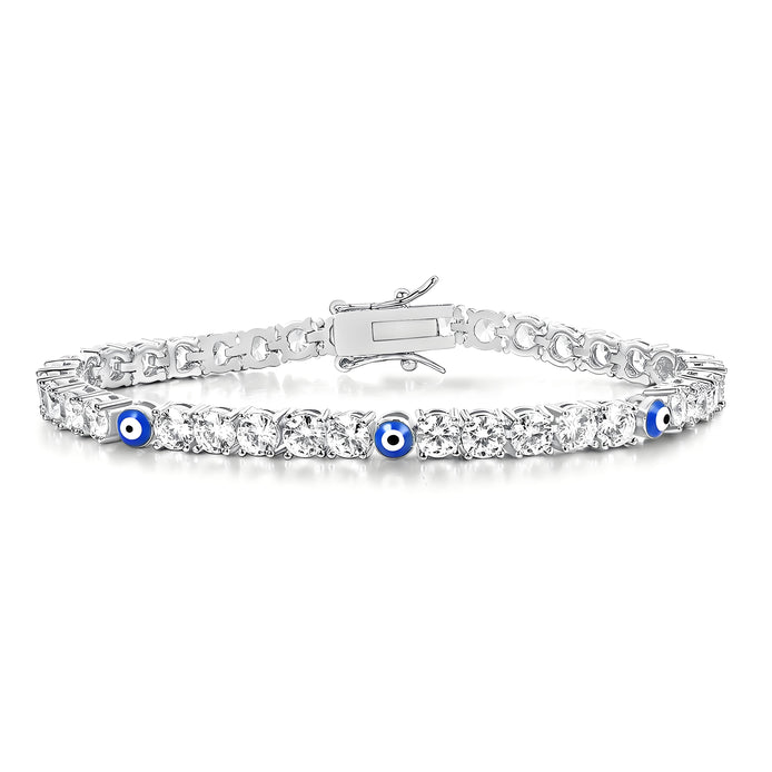 Evil Eye Silver Tennis Bracelet in Three Round Beads and Brilliant Cuts with Box Clasp Safety Latches