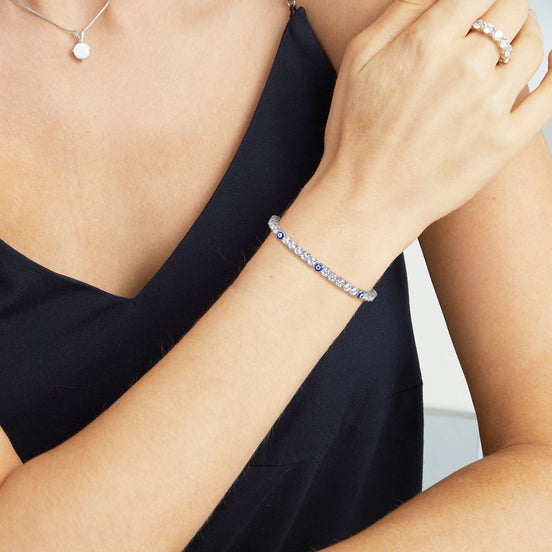 Evil Eye Silver Tennis Bracelet in Three Round Beads and Brilliant Cuts with Box Clasp Safety Latches
