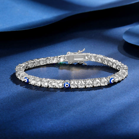 Evil Eye Silver Tennis Bracelet in Three Round Beads and Brilliant Cuts with Box Clasp Safety Latches