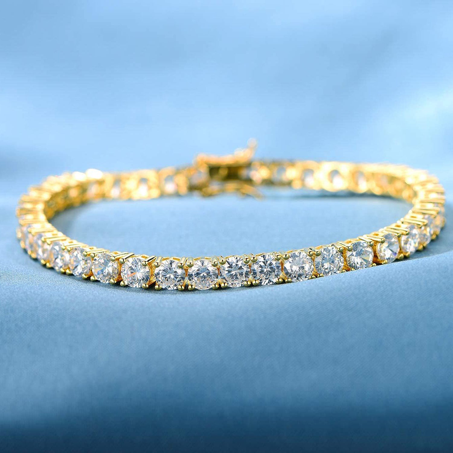 Classic Round Brilliant 4mm Golden Tennis Bracelet with Box Clasp Safety Latches