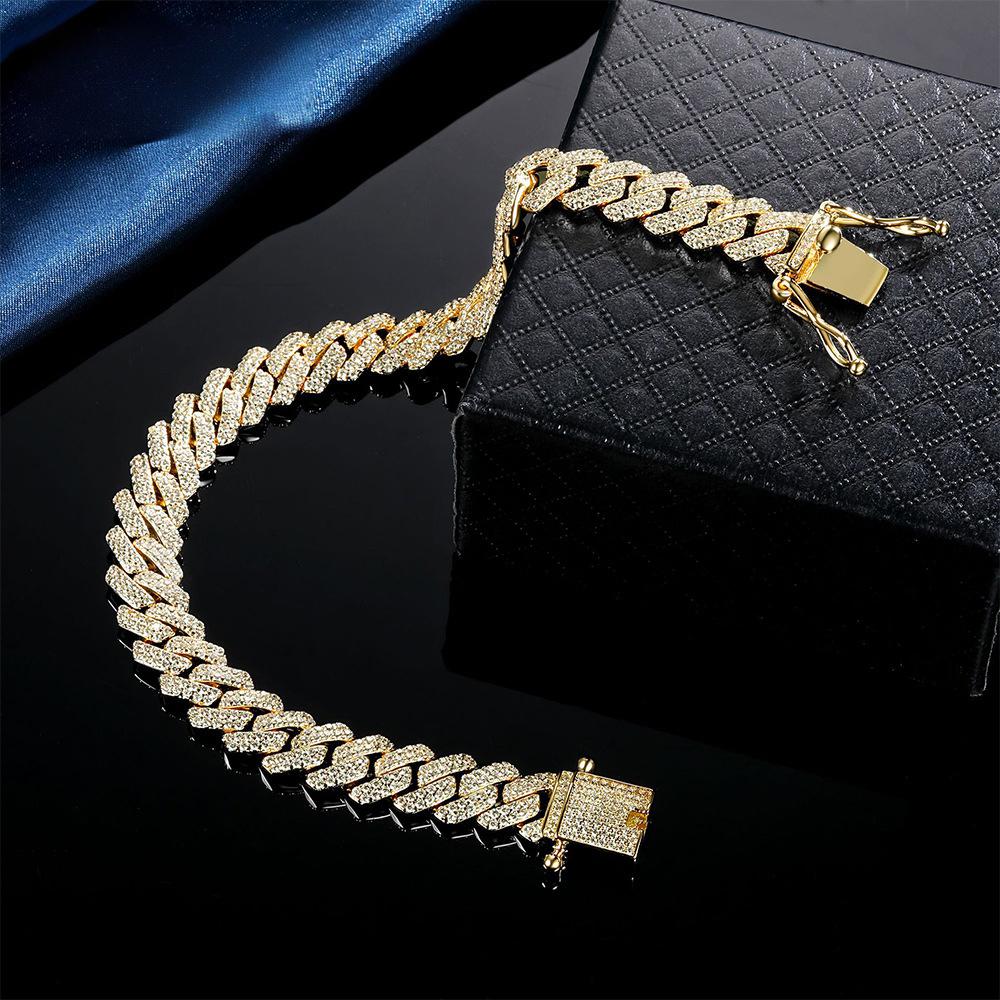 Golden Cuban Link 10mm Bracelet in Fully Pavé Setting of Round Brilliant with Integrated Box Clasp Safety Lock
