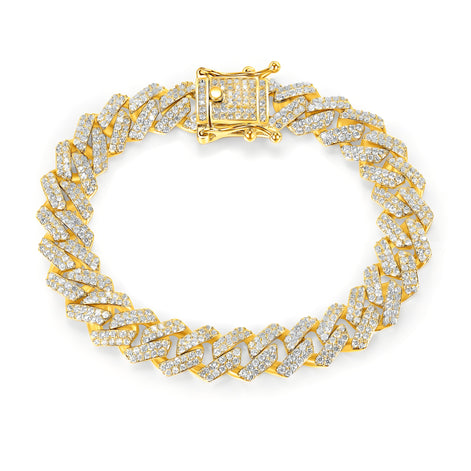 Golden Cuban Link 10mm Bracelet in Fully Pavé Setting of Round Brilliant with Integrated Box Clasp Safety Lock