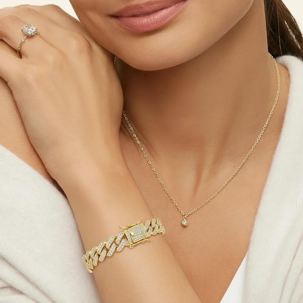 Golden Cuban Link 10mm Bracelet in Fully Pavé Setting of Round Brilliant with Integrated Box Clasp Safety Lock