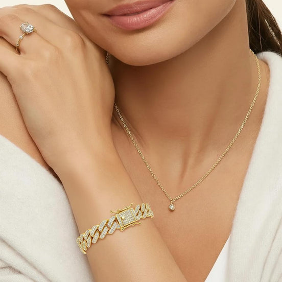 Golden Cuban Link 10mm Bracelet in Fully Pavé Setting of Round Brilliant with Integrated Box Clasp Safety Lock
