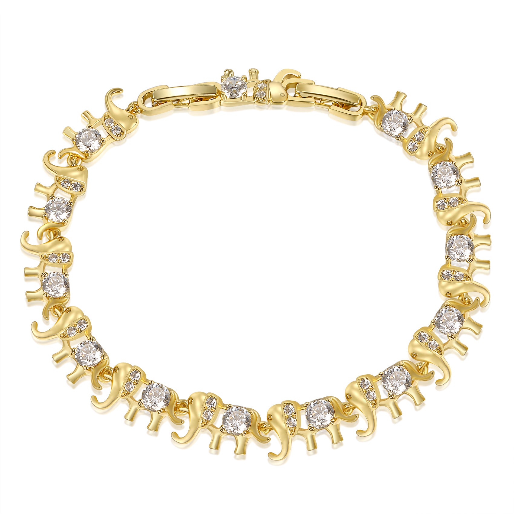 Golden Elephant Motif 7.5mm Bracelet in Round Brilliant Pavé-Accented Detailing with Box Clasp Safety Latches (6.5''+1'')