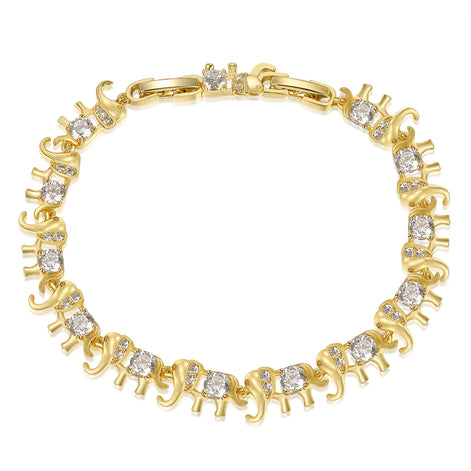 Golden Elephant Motif 7.5mm Bracelet in Round Brilliant Pavé-Accented Detailing with Box Clasp Safety Latches (6.5''+1'')