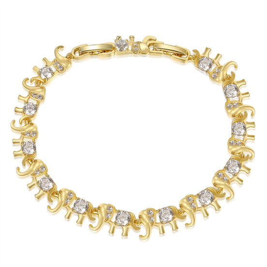 Golden Elephant Motif 7.5mm Bracelet in Round Brilliant Pavé-Accented Detailing with Box Clasp Safety Latches (6.5''+1'')