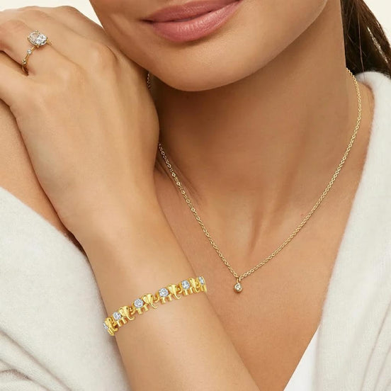 Golden Elephant Motif 7.5mm Bracelet in Round Brilliant Pavé-Accented Detailing with Box Clasp Safety Latches (6.5''+1'')