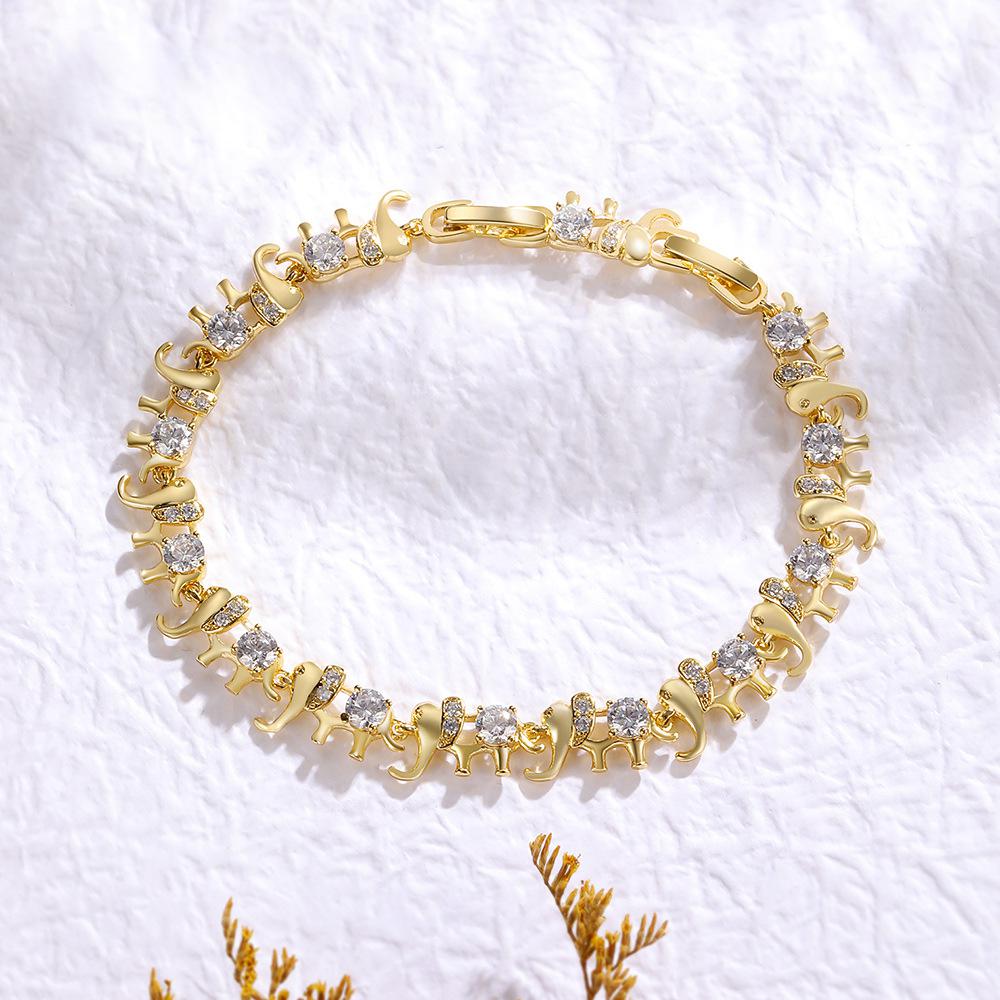 Golden Elephant Motif 7.5mm Bracelet in Round Brilliant Pavé-Accented Detailing with Box Clasp Safety Latches (6.5''+1'')