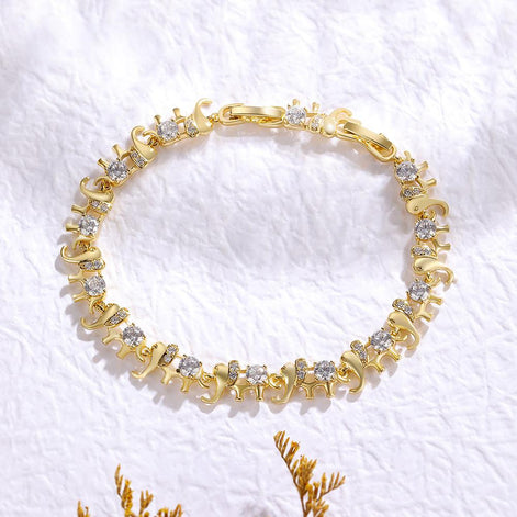Golden Elephant Motif 7.5mm Bracelet in Round Brilliant Pavé-Accented Detailing with Box Clasp Safety Latches (6.5''+1'')