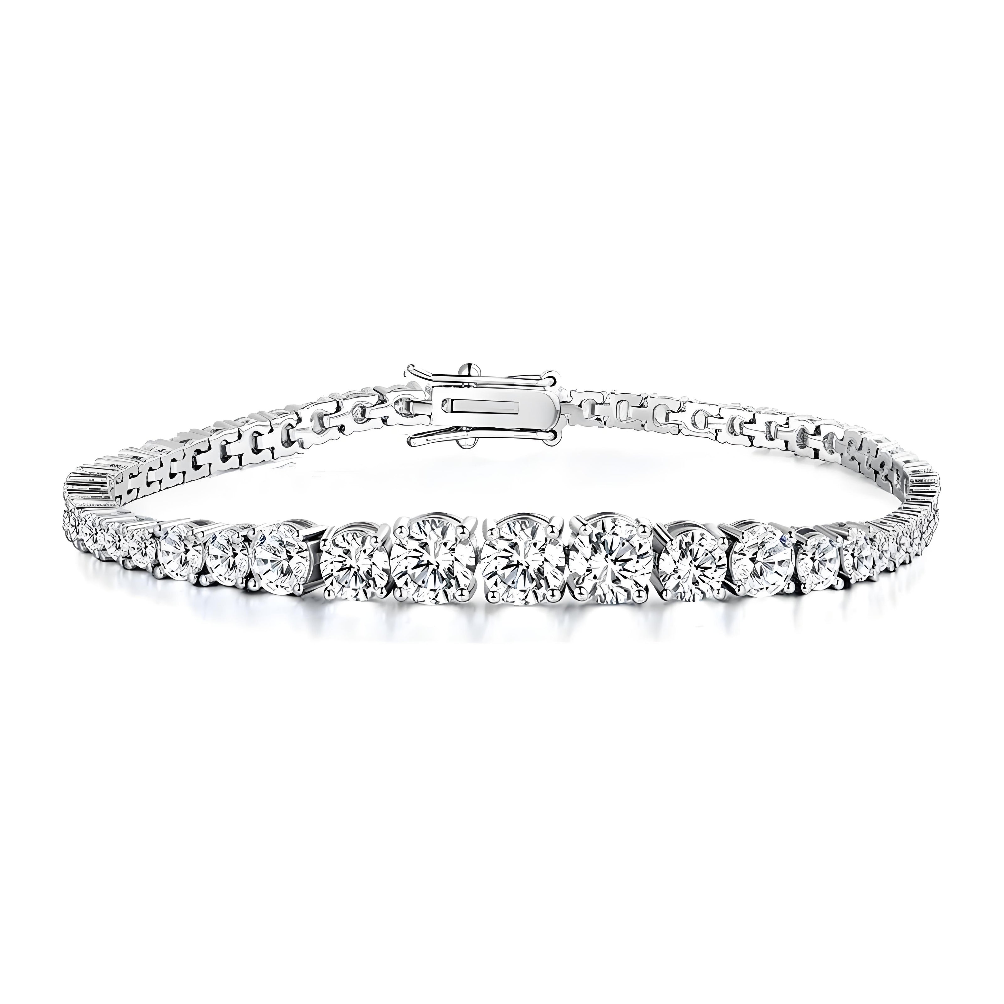 Graduated Round Brilliant 3mm Silver Tennis Bracelet with Box Clasp Safety Latches