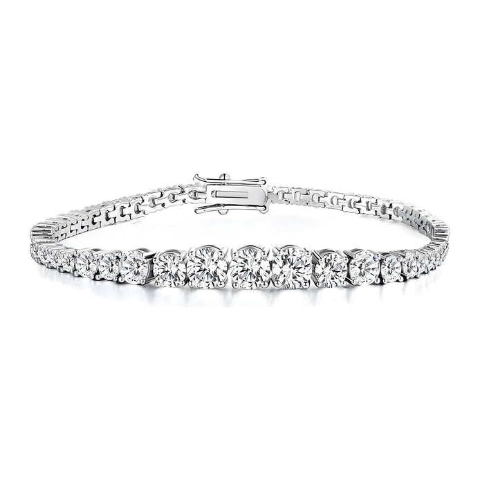 Graduated Round Brilliant 3mm Silver Tennis Bracelet with Box Clasp Safety Latches
