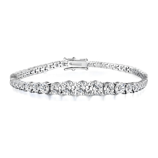 Graduated Round Brilliant 3mm Silver Tennis Bracelet with Box Clasp Safety Latches