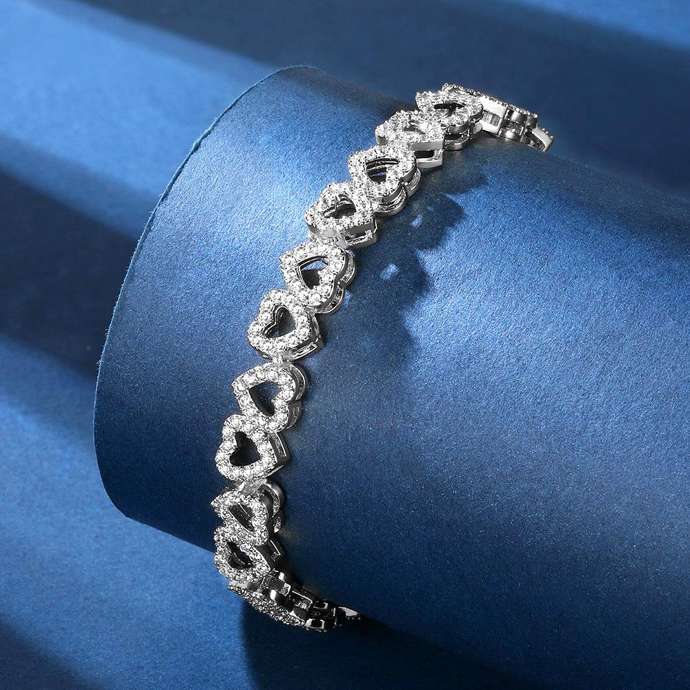Heart Link Pave Setting 7mm Tennis Bracelet in Sterling Silver with Adjustable Lobster Clasp (5.5''~9'')