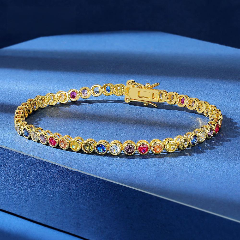 Multicolor Rainbow Gem 3mm Tennis Bracelet in Golden Bezel with Box Clasp Safety Latches