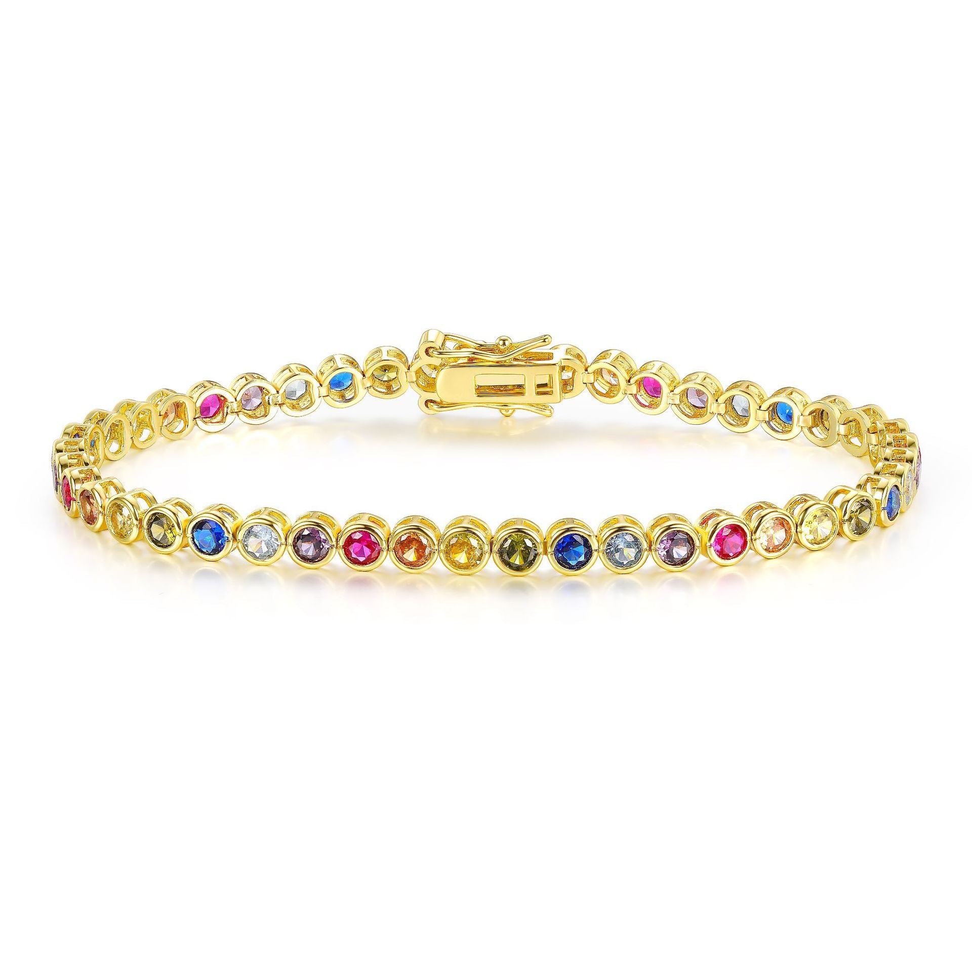 Multicolor Rainbow Gem 3mm Tennis Bracelet in Golden Bezel with Box Clasp Safety Latches