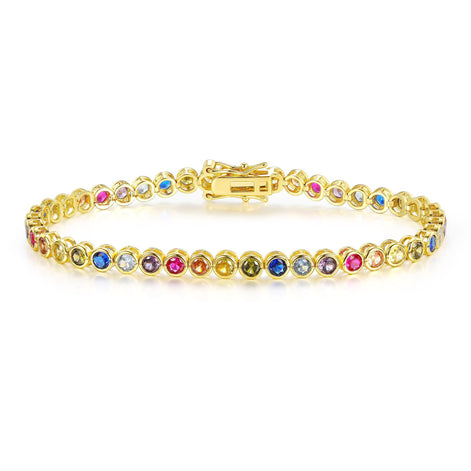 Multicolor Rainbow Gem 3mm Tennis Bracelet in Golden Bezel with Box Clasp Safety Latches