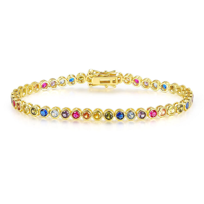 Multicolor Rainbow Gem 3mm Tennis Bracelet in Golden Bezel with Box Clasp Safety Latches